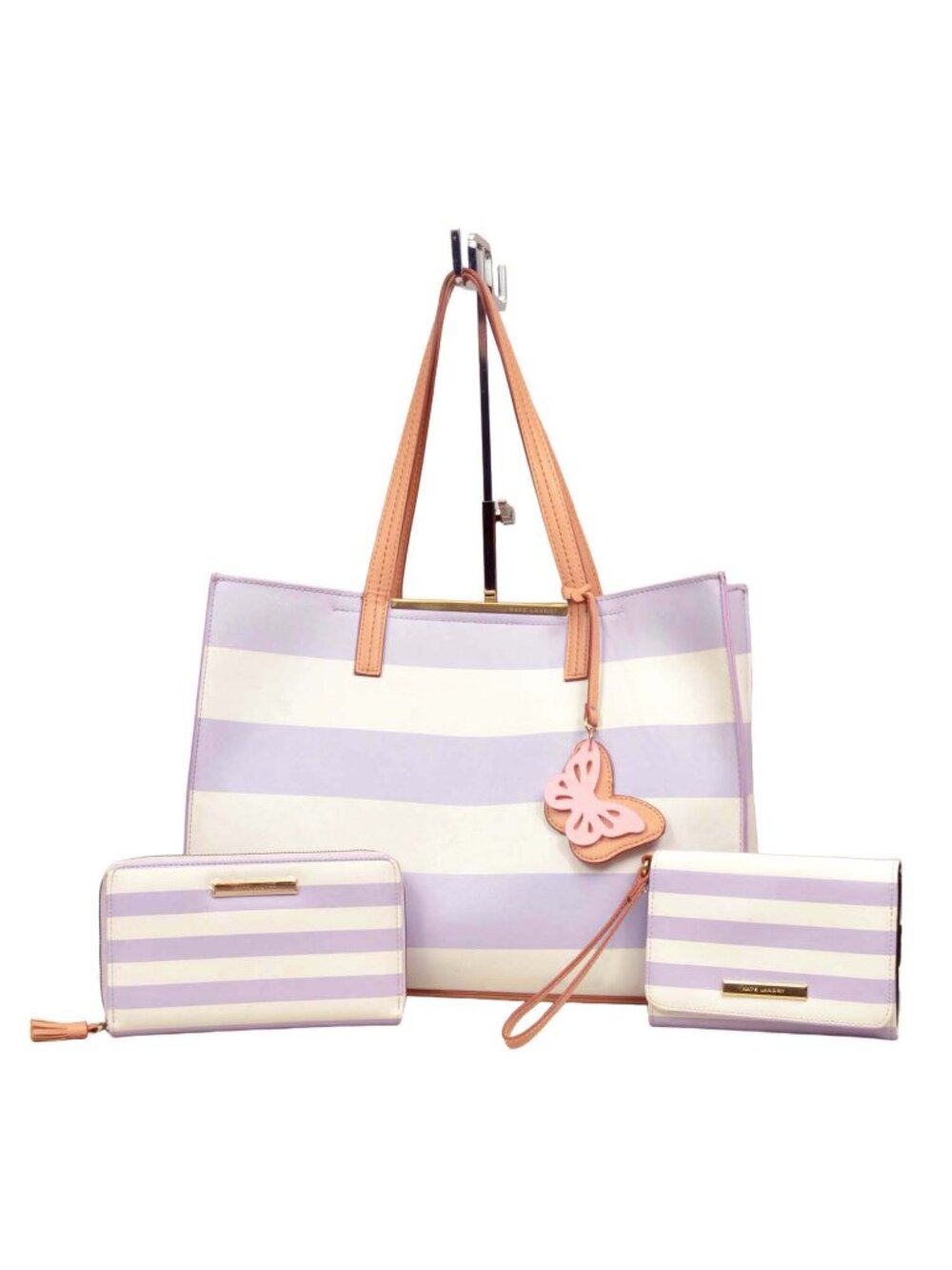 Kate Landry Cream and Lavender Faux Leather Striped Tote Matching Set